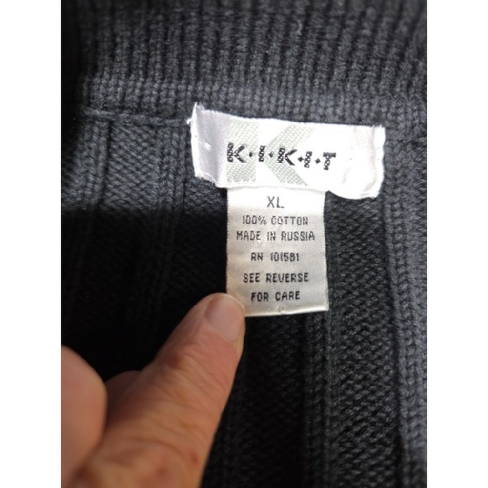 Womens XL Belted Cardigan Black Cotton Chunky Warm Kikit Vintage Cozy Pockets - Picture 2 of 6